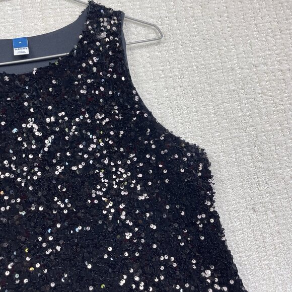 Old Navy Y2K Sequin Tank Top Size M Black Round Neck Glam Grunge Fairy Grunge - Picture 3 of 8